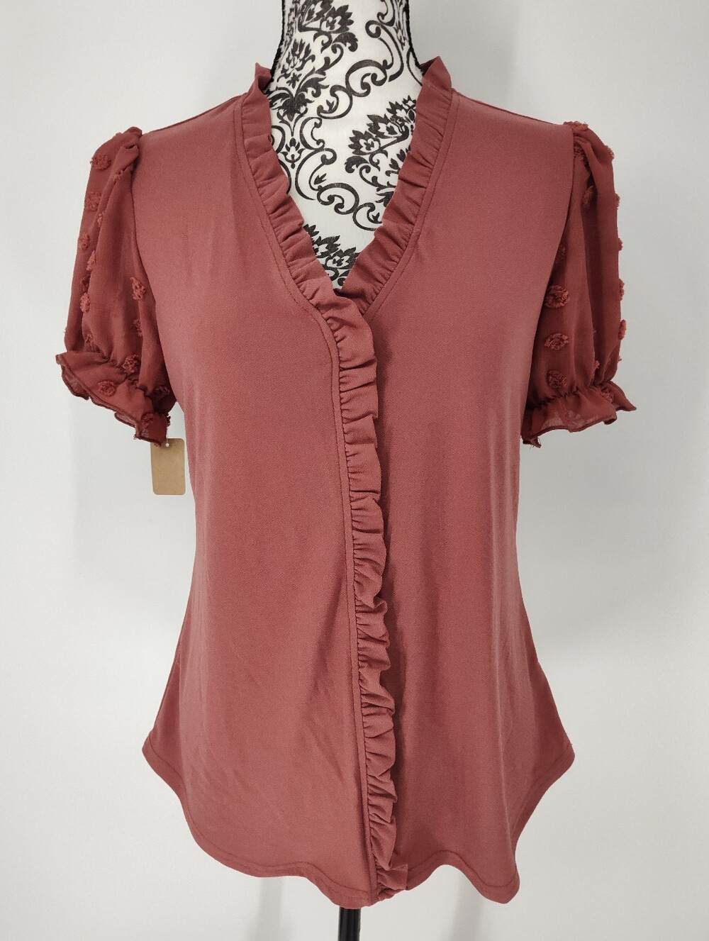Flower & Feather Women's Rose Pink Ruffle V-Neck Short Sleeve Blouse Size Large